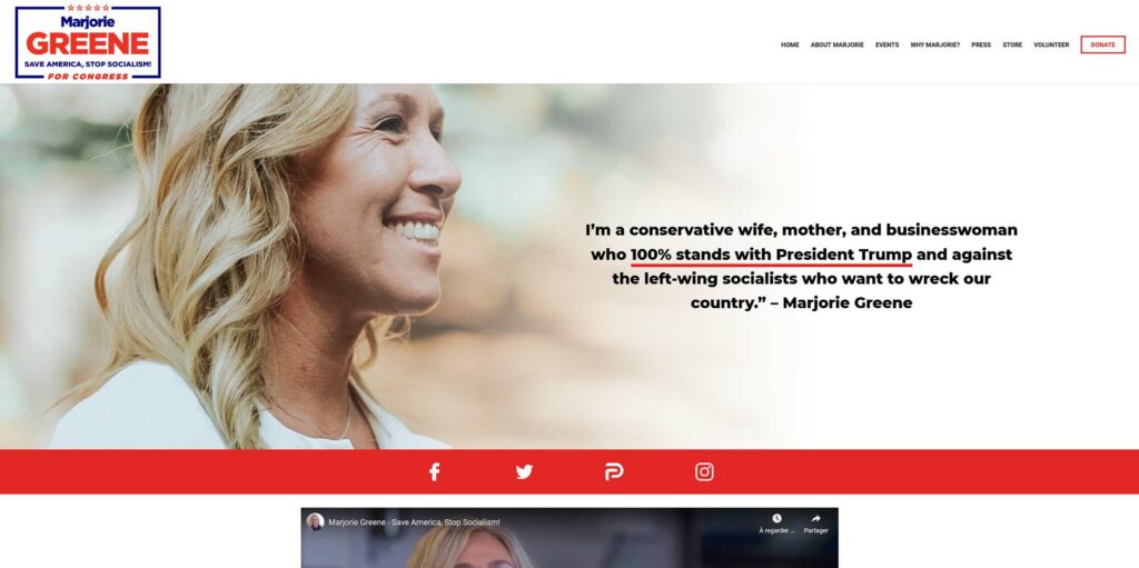Le site de campagne de Marjorie Taylor Greene. Le site de campagne de Marjorie Taylor Greene.