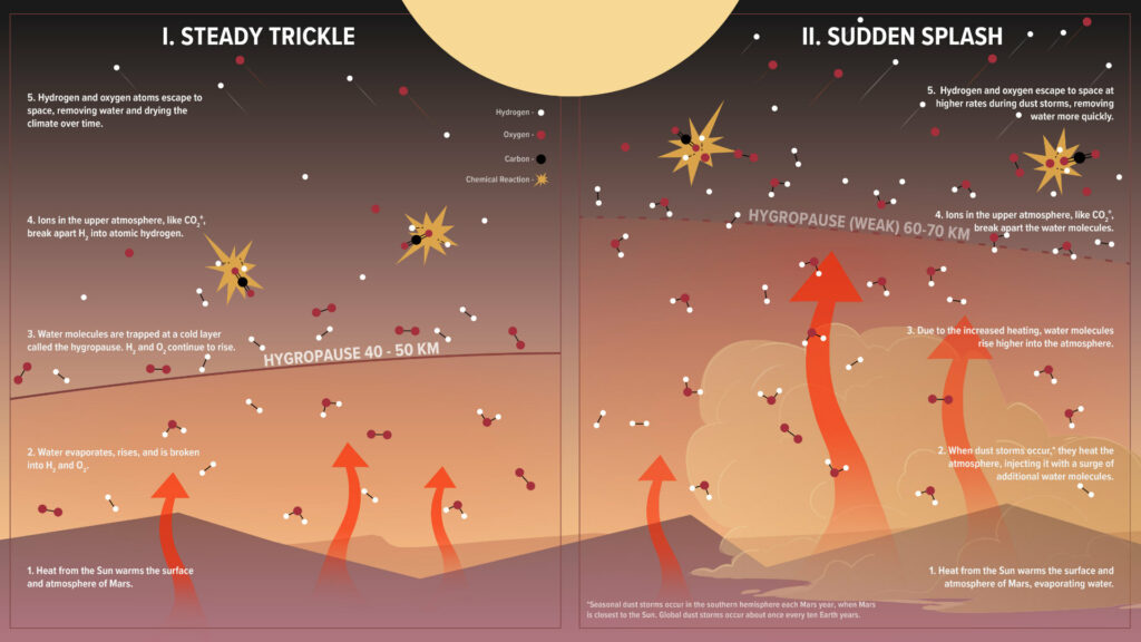 À gauche, la façon dont Mars perd de l'eau en temps normal. À droite, la façon dont Mars perd de l'eau lors d'une tempête de poussières. // Source : NASA/Goddard/CI Lab/Adriana Manrique Gutierrez/Krystofer Kim À gauche, la façon dont Mars perd de l'eau en temps normal. À droite, la façon dont Mars perd de l'eau lors d'une tempête de poussières. // Source : NASA/Goddard/CI Lab/Adriana Manrique Gutierrez/Krystofer Kim