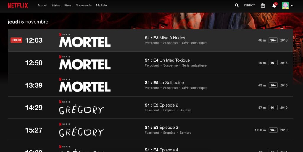 Capture d'écran de la fonction "Direct" sur Netflix France // Source : Capture Numerama Capture d'écran de la fonction "Direct" sur Netflix France // Source : Capture Numerama
