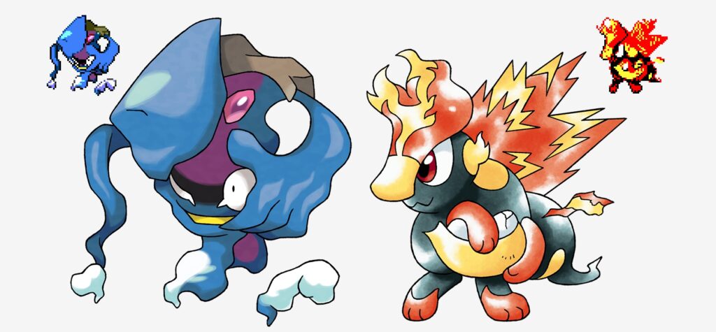 Deux Pokémon créent par la version modifiée de GPT-2, et redessinés par Rachel Briggs. // Source : Rachel Briggs, Matthew Rayfield Deux Pokémon créent par la version modifiée de GPT-2, et redessinés par Rachel Briggs. // Source : Rachel Briggs, Matthew Rayfield