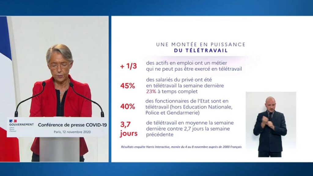 État des lieux du télétravail, lors du point presse du 12 novembre, par la ministre du Travail Elisabeth Borne. // Source : Gouvernement État des lieux du télétravail, lors du point presse du 12 novembre, par la ministre du Travail Elisabeth Borne. // Source : Gouvernement