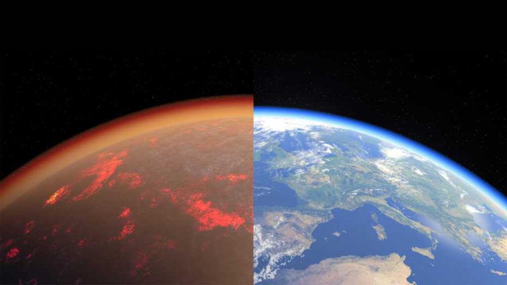 Vue d'artiste de la Terre il y a 4,5 milliards d'années et aujourd'hui. // Source : Tobias Stierli / NCCR PlanetS (image recadrée) Vue d'artiste de la Terre il y a 4,5 milliards d'années et aujourd'hui. // Source : Tobias Stierli / NCCR PlanetS (image recadrée)