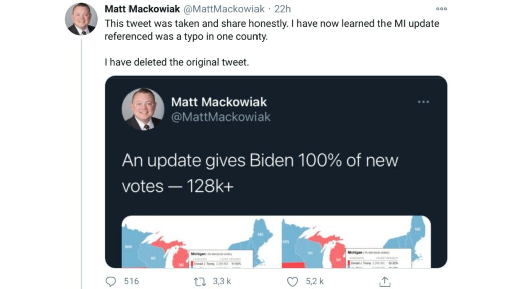 Dans un second tweet, Matt Mackowiak met une copie d'écran du premier, qu'il a supprimé, en admettant son erreur et en s'excusant. Dans un second tweet, Matt Mackowiak met une copie d'écran du premier, qu'il a supprimé, en admettant son erreur et en s'excusant.