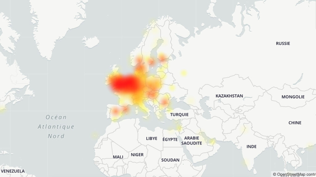La carte des pannes de Spotify en Europe // Source : Downdetector La carte des pannes de Spotify en Europe // Source : Downdetector