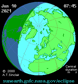 Visibilité de l'éclipse du 10 juin 2021. // Source : Wikimedia/CC/A.T. Sinclair Visibilité de l'éclipse du 10 juin 2021. // Source : Wikimedia/CC/A.T. Sinclair