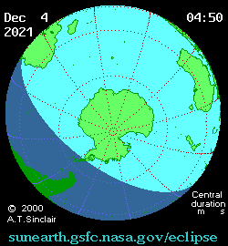 Visibilité de l'éclipse du 4 décembre 2021. // Source : Wikimedia/CC/A.T. Sinclair Visibilité de l'éclipse du 4 décembre 2021. // Source : Wikimedia/CC/A.T. Sinclair