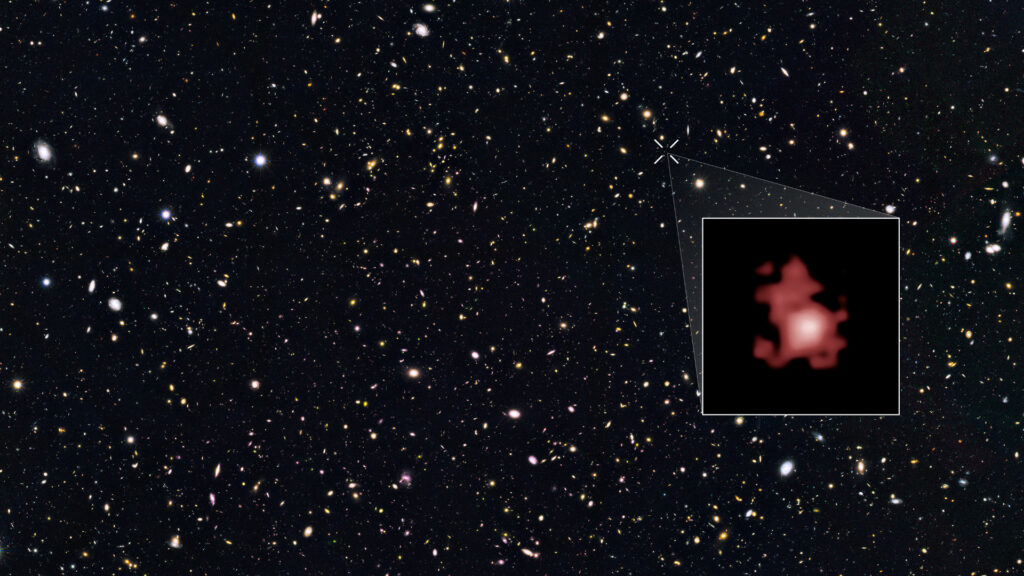 Les étoiles qui bordent la galaxie GN-z11 apparaissent rouges, du fait de l'expansion de l'Univers. // Source : NASA, ESA, P. Oesch (Yale University), G. Brammer (STScI), P. van Dokkum (Yale University), and G. Illingworth (University of California, Santa Cruz) Les étoiles qui bordent la galaxie GN-z11 apparaissent rouges, du fait de l'expansion de l'Univers. // Source : NASA, ESA, P. Oesch (Yale University), G. Brammer (STScI), P. van Dokkum (Yale University), and G. Illingworth (University of California, Santa Cruz)