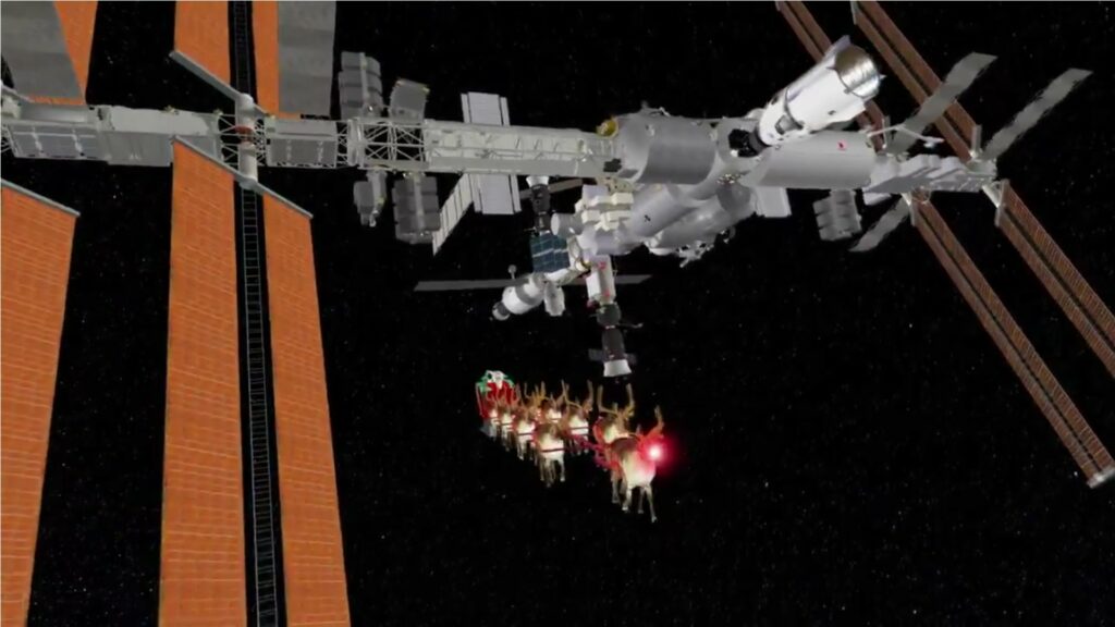 Le traîneau du Père Noël passant à côté de l'ISS. // Source : Nasa Le traîneau du Père Noël passant à côté de l'ISS. // Source : Nasa