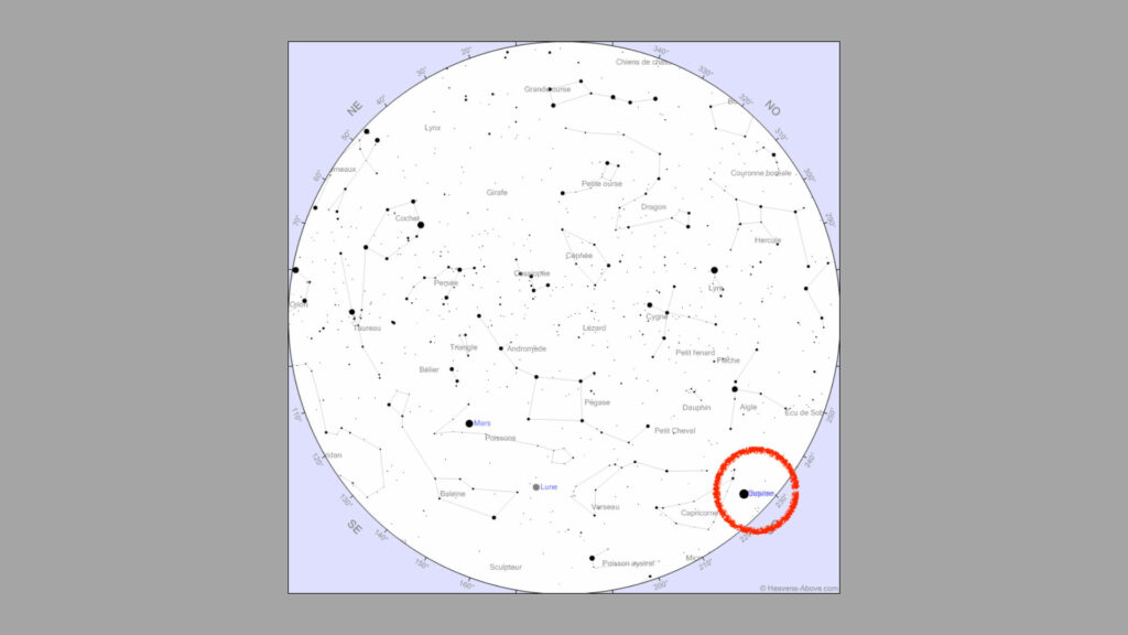 Carte du ciel vu de Paris le 21 décembre 2020 à 18h15. Jupiter et Saturne sont si proches qu'on ne les distingue pas sur la carte. // Source : Capture d'écran Heavens-Above, annotation Numerama Carte du ciel vu de Paris le 21 décembre 2020 à 18h15. Jupiter et Saturne sont si proches qu'on ne les distingue pas sur la carte. // Source : Capture d'écran Heavens-Above, annotation Numerama