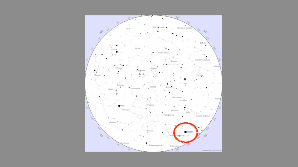 Carte du ciel vu de Paris à 17h30 le 17 décembre 2020. Jupiter et Saturne commencent à être si proches qu'on les distingue à peine. // Source : Capture d'écran Heavens-Above, annotation Numerama Carte du ciel vu de Paris à 17h30 le 17 décembre 2020. Jupiter et Saturne commencent à être si proches qu'on les distingue à peine. // Source : Capture d'écran Heavens-Above, annotation Numerama