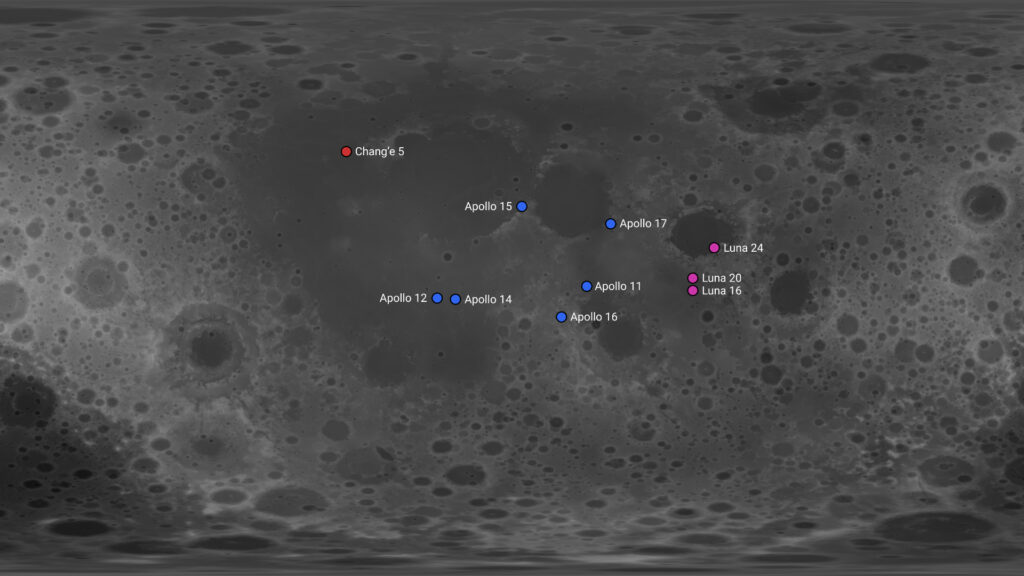 Carte de la Lune. Localisation des missions de retour d'échantillons qui ont été un succès, ainsi que de la mission Chang'e 5 en cours. // Source : Wikimedia/CC/Kaynouky (image recadrée) Carte de la Lune. Localisation des missions de retour d'échantillons qui ont été un succès, ainsi que de la mission Chang'e 5 en cours. // Source : Wikimedia/CC/Kaynouky (image recadrée)