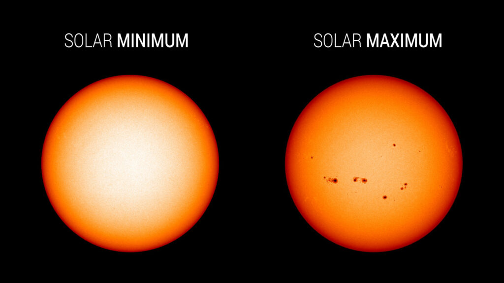 Comparaison entre un minimum d'activité solaire (décembre 2019) et un maximum (avril 2014). // Source : NASA's Solar Dynamics Observatory/Joy Ng Comparaison entre un minimum d'activité solaire (décembre 2019) et un maximum (avril 2014). // Source : NASA's Solar Dynamics Observatory/Joy Ng