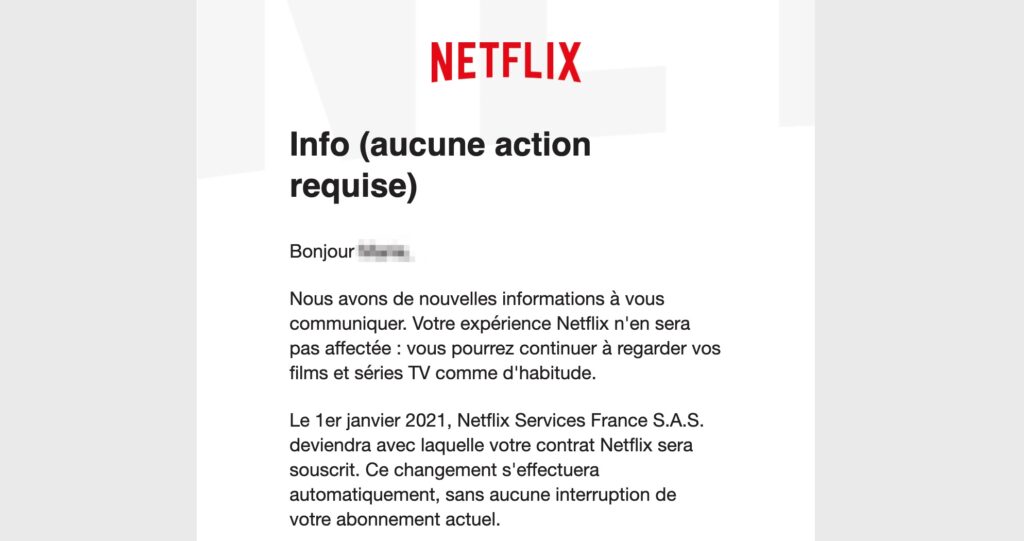 Capture d'écran du mail envoyé ce 2 décembre 2020 // Source : Netflix/Numerama Capture d'écran du mail envoyé ce 2 décembre 2020 // Source : Netflix/Numerama