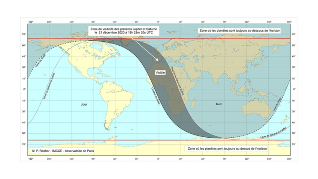 Zone de visibilité au moment du minimum d'élongation. // Source : IMCCE, P. Rocher Zone de visibilité au moment du minimum d'élongation. // Source : IMCCE, P. Rocher