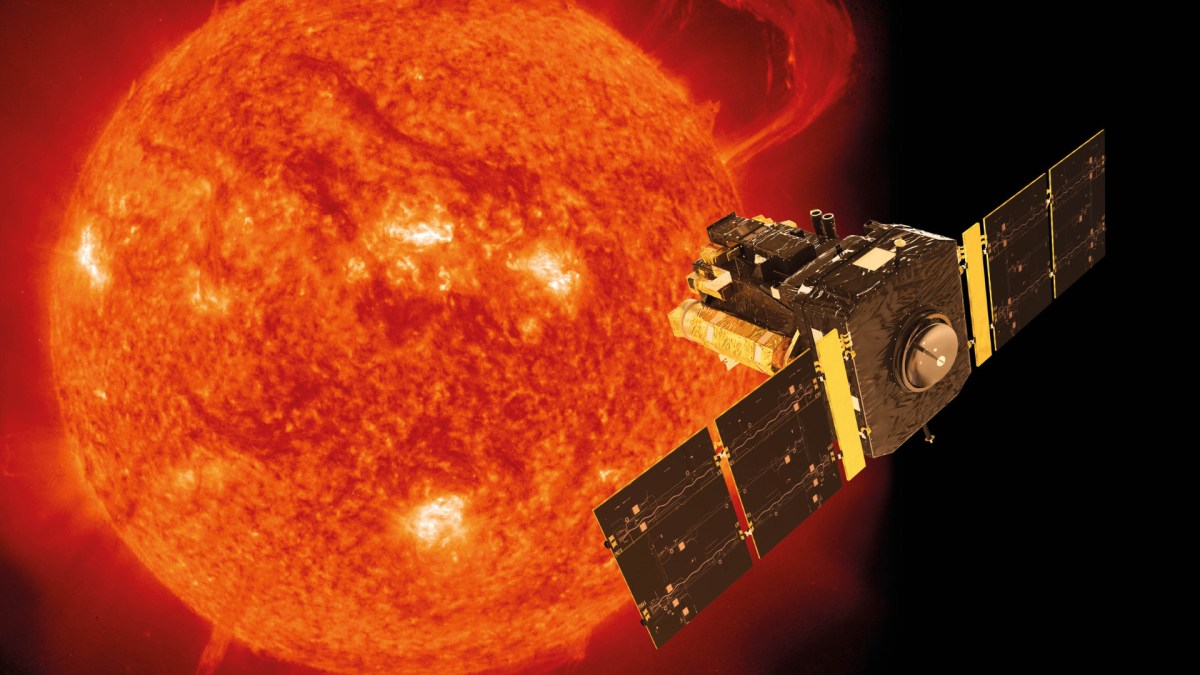 Vue d'artiste de SoHO. // Source : Spacecraft: ESA/ATG medialab; Sun: ESA/NASA SOHO, CC BY-SA 3.0 IGO Vue d'artiste de SoHO. // Source : Spacecraft: ESA/ATG medialab; Sun: ESA/NASA SOHO, CC BY-SA 3.0 IGO