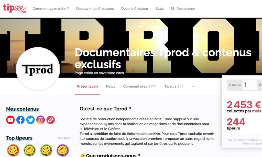 La page de TProd le 30 décembre 2020 sur TIpeee // Source : Capture d'écran