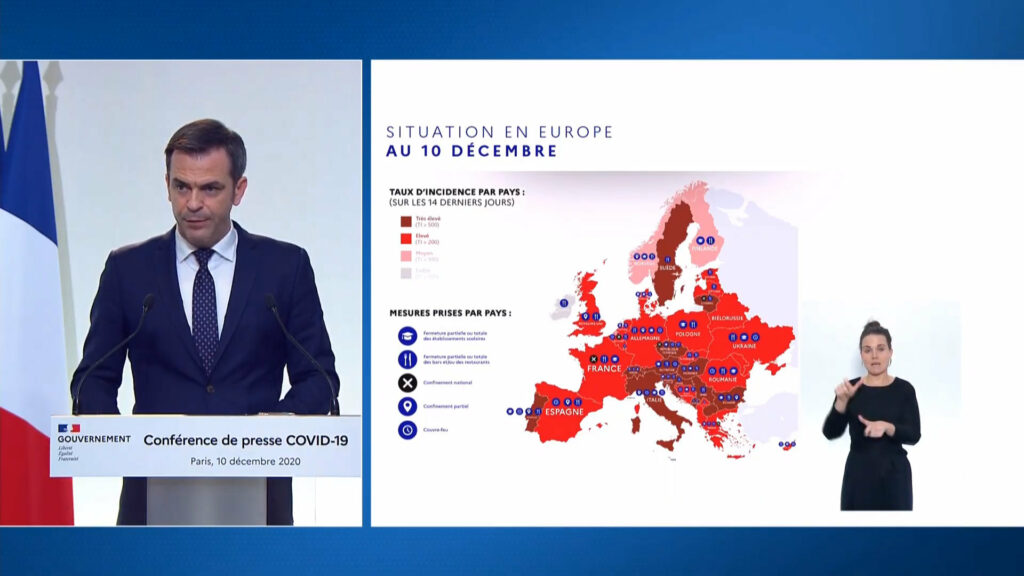 Situation en Europe au 10 décembre, présentée par Olivier Veran. // Source : Capture d'écran YouTube Gouvernement Situation en Europe au 10 décembre, présentée par Olivier Veran. // Source : Capture d'écran YouTube Gouvernement