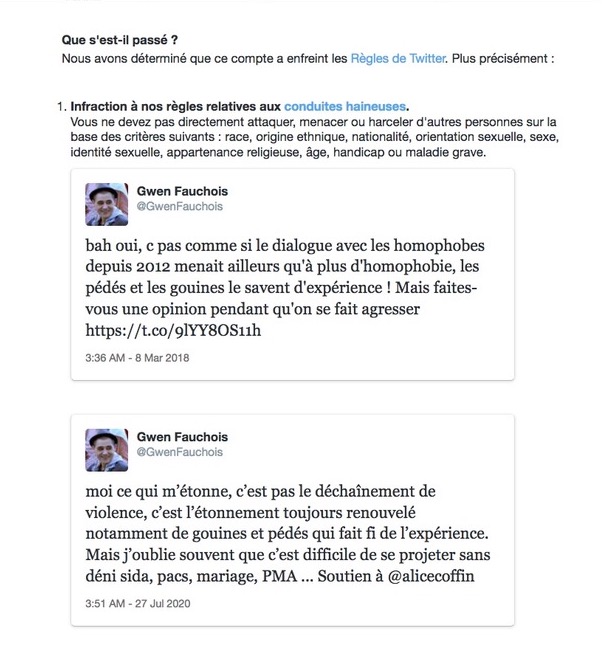 Capture d'écran des messages reçus par Gwen Fauchois envoyés par Twitter Capture d'écran des messages reçus par Gwen Fauchois envoyés par Twitter