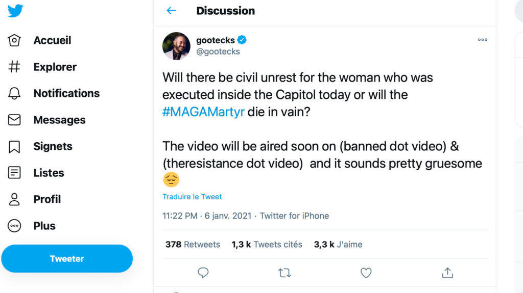 Tweet de Ryan 'Gootecks' Gutierrez sur l'invasion du Capitole // Source : Capture d'écran Twitter