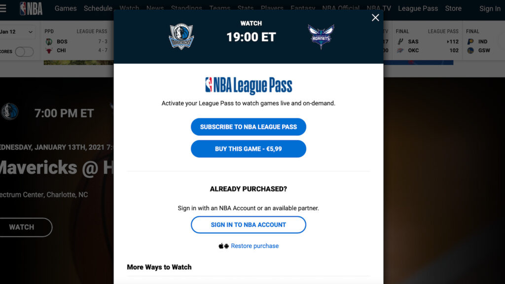 Le pay-per-view du NBA League Pass // Source : Capture d'écran Le pay-per-view du NBA League Pass // Source : Capture d'écran