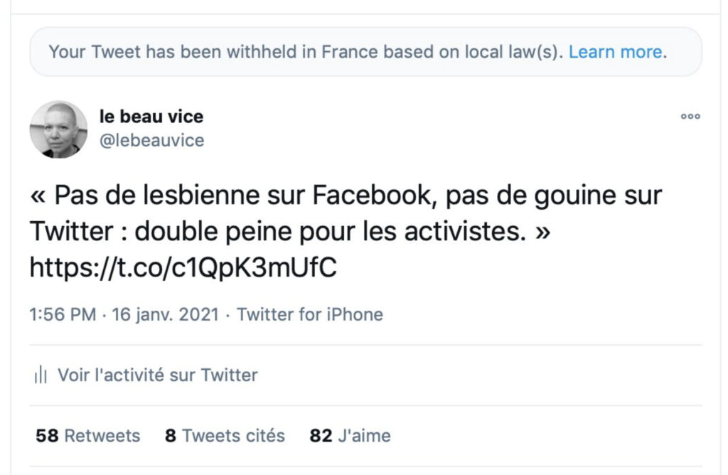 Capture d'écran d'un tweet suspendu "selon les lois locales" Capture d'écran d'un tweet suspendu "selon les lois locales"