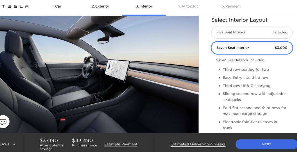 Configurateur Tesla Model Y (option à 7 sièges) // Source : Tesla Configurateur Tesla Model Y (option à 7 sièges) // Source : Tesla