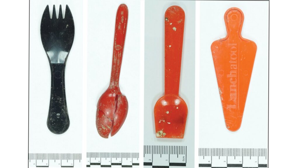 Parmi les objets plastiques excavés, des couverts en plastique. // Source : H. Mytum et al., 2021/Antiquity Parmi les objets plastiques excavés, des couverts en plastique. // Source : H. Mytum et al., 2021/Antiquity