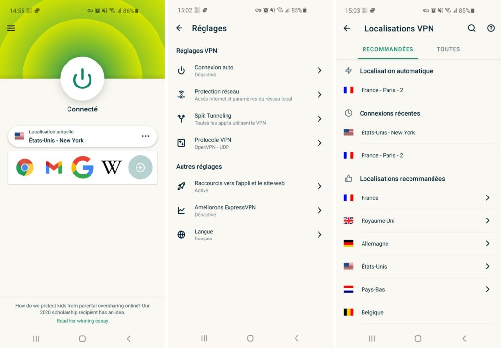 L'interface de l'application mobile d'ExpressVPN est très claire et de nombreuses options sont disponibles. L'interface de l'application mobile d'ExpressVPN est très claire et de nombreuses options sont disponibles.