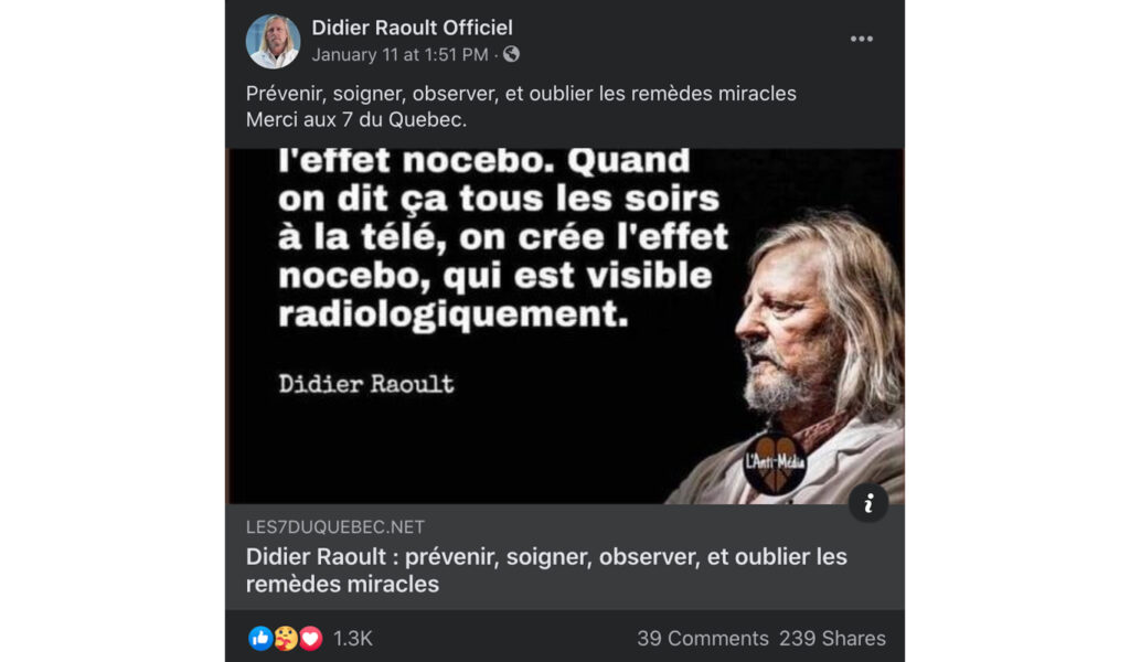 Une publication de la page Facebook « Didier Raoult Officiel », menant vers un site complotiste // Source : Capture d'écran Numerama Une publication de la page Facebook « Didier Raoult Officiel », menant vers un site complotiste // Source : Capture d'écran Numerama