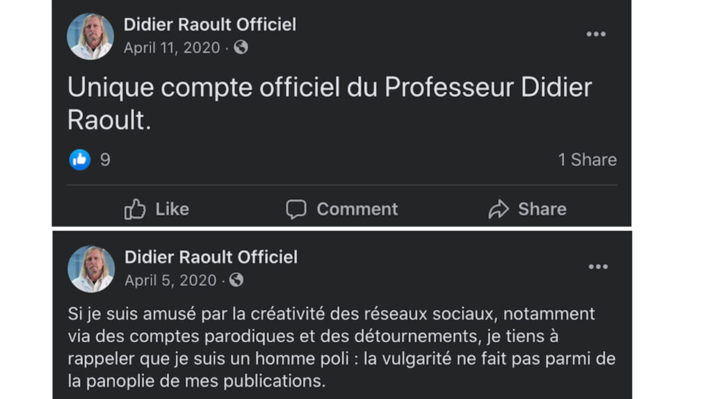 La fausse page facebook de Didier Raoult // Source : Capture d'écran Numerama La fausse page facebook de Didier Raoult // Source : Capture d'écran Numerama