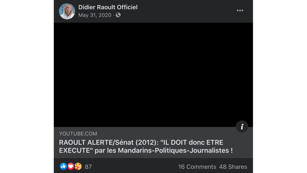 Une publication de la fausse page Facebook de Didier Raoult // Source : Capture d'écran Numerama Une publication de la fausse page Facebook de Didier Raoult // Source : Capture d'écran Numerama