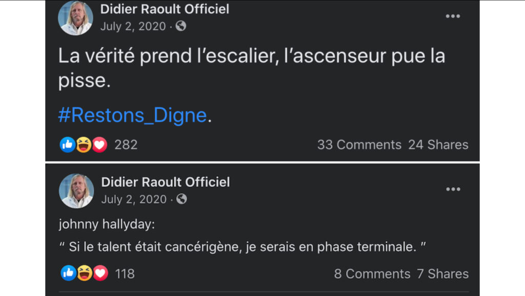 Des publications de la fausse page Facebook de Didier Raoult // Source : Capture d'écran Numerama Des publications de la fausse page Facebook de Didier Raoult // Source : Capture d'écran Numerama