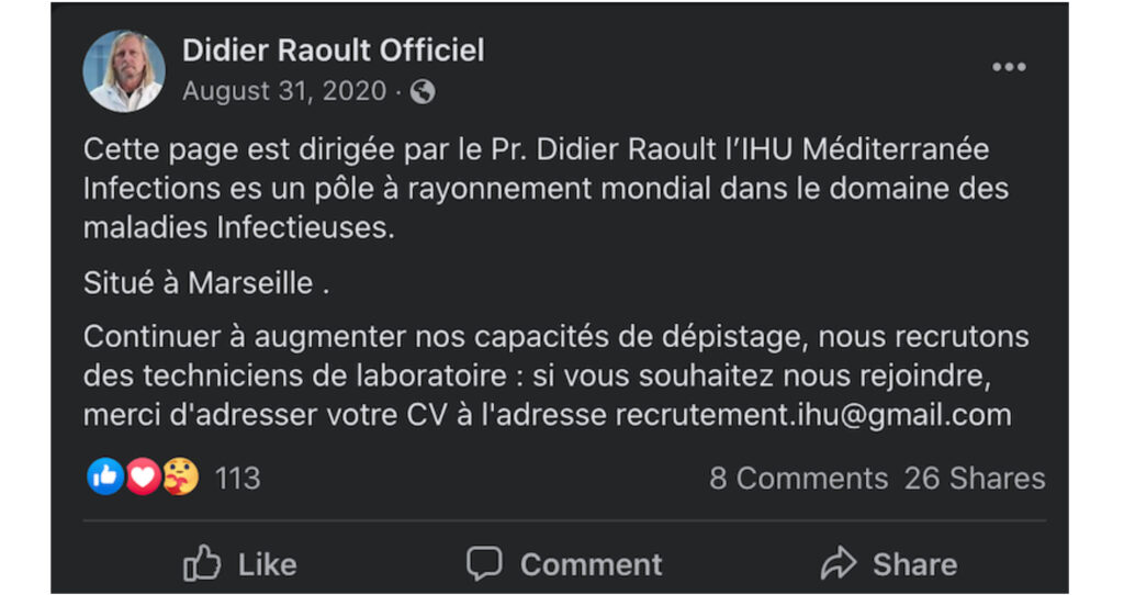 Une fausse offre d'emploi, publiée par la fausse page Facebook de Didier Raoult // Source : Capture d'écran Numerama Une fausse offre d'emploi, publiée par la fausse page Facebook de Didier Raoult // Source : Capture d'écran Numerama