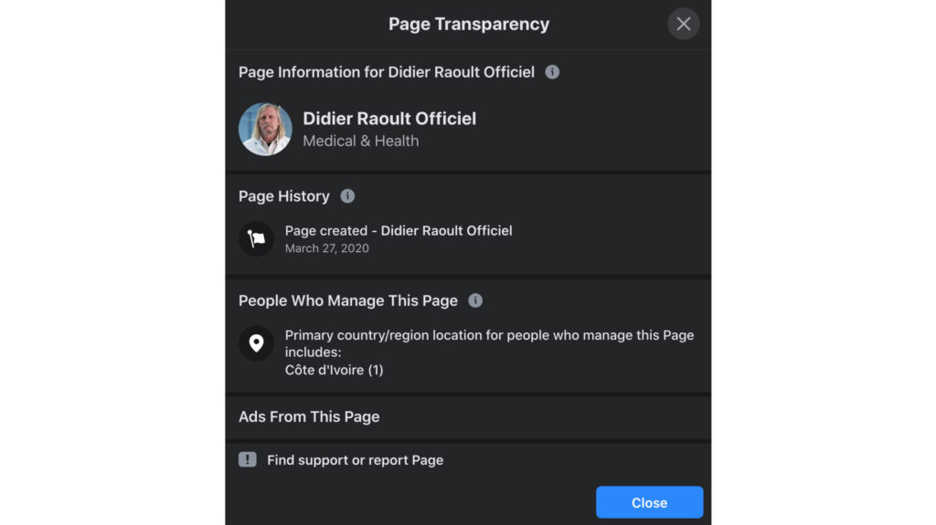 La page «Didier Raoult Officiel » était en fait administrée depuis la Côté d'Ivoire // Source : Capture d'écran Numerama La page «Didier Raoult Officiel » était en fait administrée depuis la Côté d'Ivoire // Source : Capture d'écran Numerama