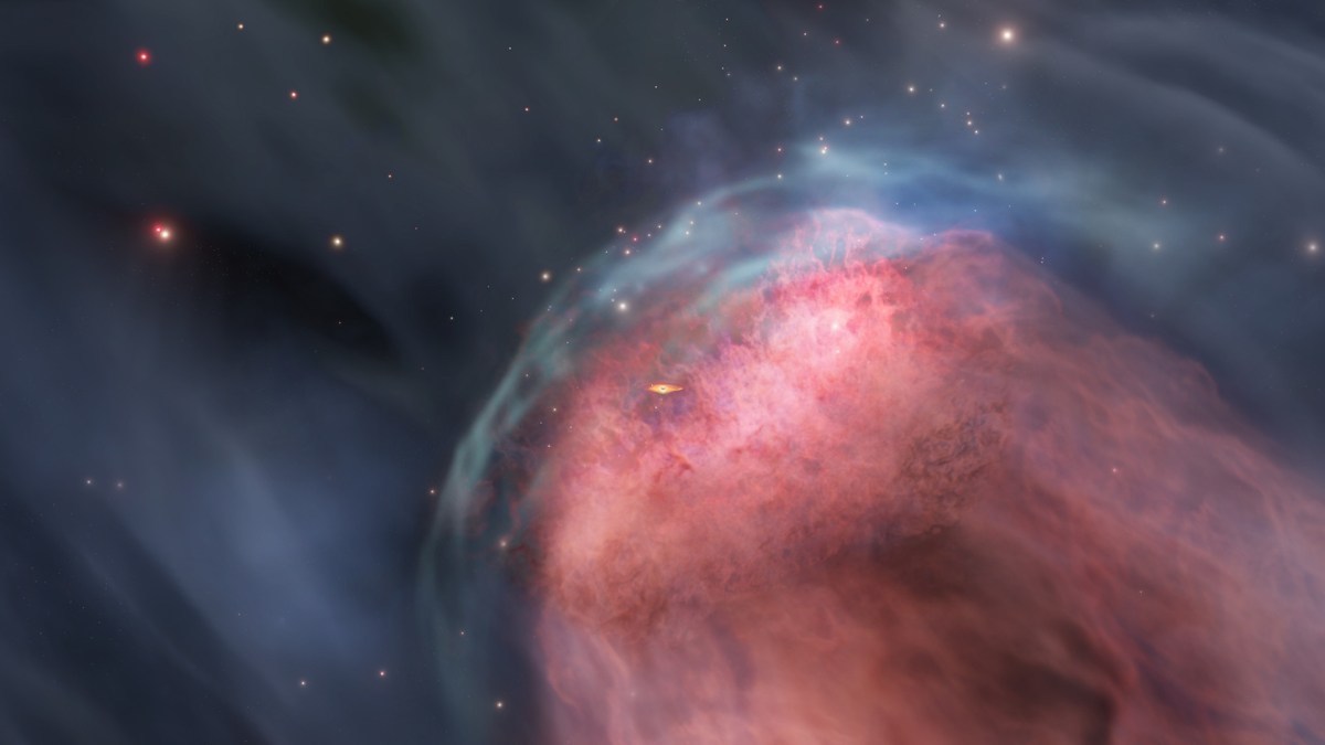 Vue d'artiste du gaz dépouillé d'un noyau de galaxie. // Source : 2021 Miki et al. (image recadrée) Vue d'artiste du gaz dépouillé d'un noyau de galaxie. // Source : 2021 Miki et al. (image recadrée)