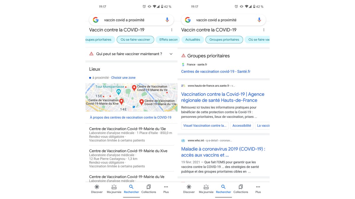L'interface de Google s'adapte pour renseigner les lieux de vaccination à proximité de son emplacement géographique. L'interface de Google s'adapte pour renseigner les lieux de vaccination à proximité de son emplacement géographique.