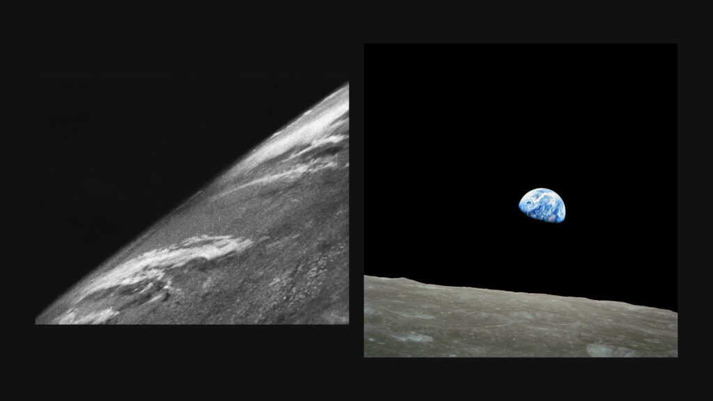 La première photo prise dans l'espace, à gauche. À droite, le « Lever de Terre ». // Source : Wikimedia/Domaine Public/U.S. Army & Nasa (montage Numerama) La première photo prise dans l'espace, à gauche. À droite, le « Lever de Terre ». // Source : Wikimedia/Domaine Public/U.S. Army & Nasa (montage Numerama)