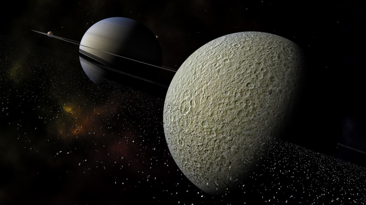 Vue d'artiste de Rhéa et Saturne. // Source : Flickr/CC/Kevin Gill Vue d'artiste de Rhéa et Saturne. // Source : Flickr/CC/Kevin Gill