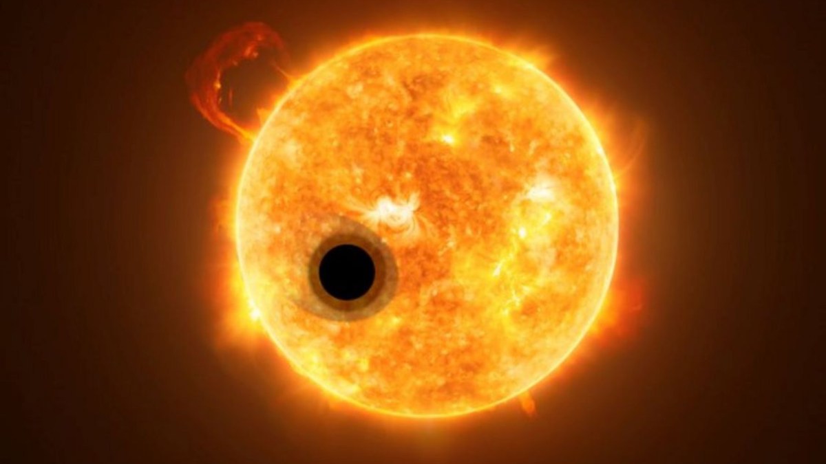 Vue d'artiste de WASP-107b passant devant son étoile. // Source : ESA/Hubble, NASA, M. Kornmesser (photo recadrée) Vue d'artiste de WASP-107b passant devant son étoile. // Source : ESA/Hubble, NASA, M. Kornmesser (photo recadrée)