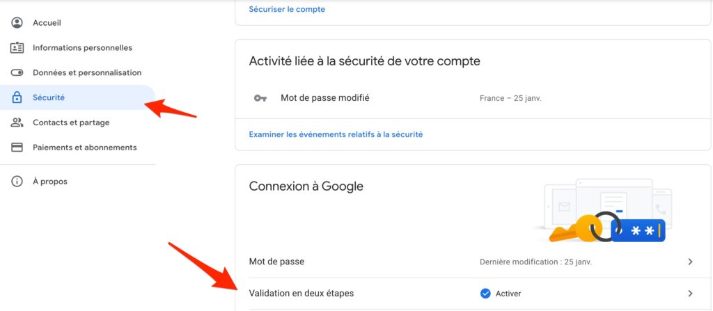 Activez la double authentification de Gmail en quelques clics.  // Source : Capture d'écran Numerama