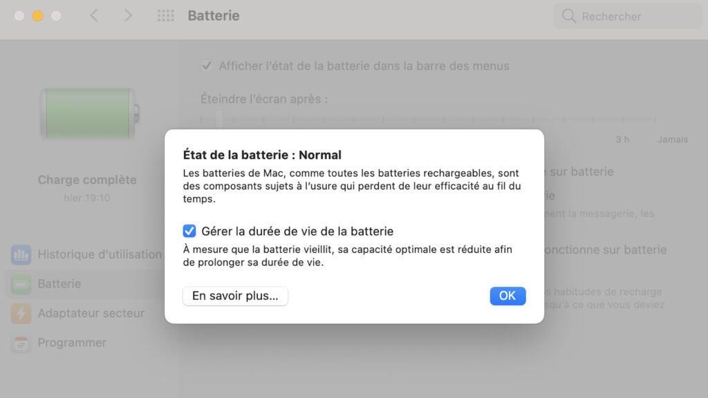 État de la batterie sous macOS // Source : Capture d'écran État de la batterie sous macOS // Source : Capture d'écran