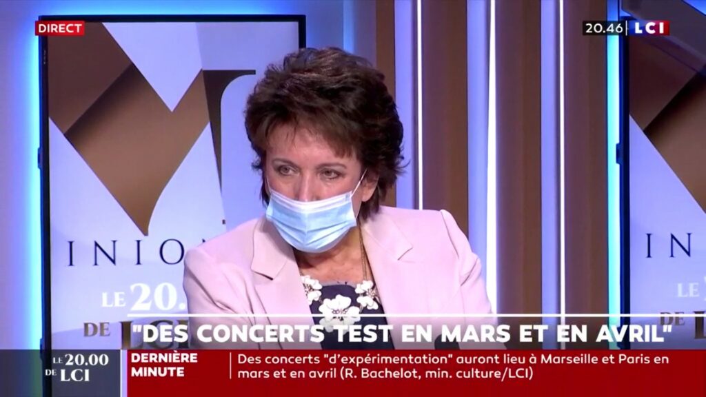 Roselyne Bachelot était invitée sur LCI quand elle a annoncé ces concerts-tests. // Source : LCI Roselyne Bachelot était invitée sur LCI quand elle a annoncé ces concerts-tests. // Source : LCI