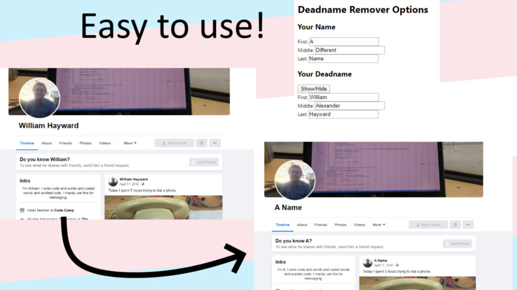 Extension Deadname Remover. // Source : Deadname Remover/Willow Hayward (image recadrée) Extension Deadname Remover. // Source : Deadname Remover/Willow Hayward (image recadrée)