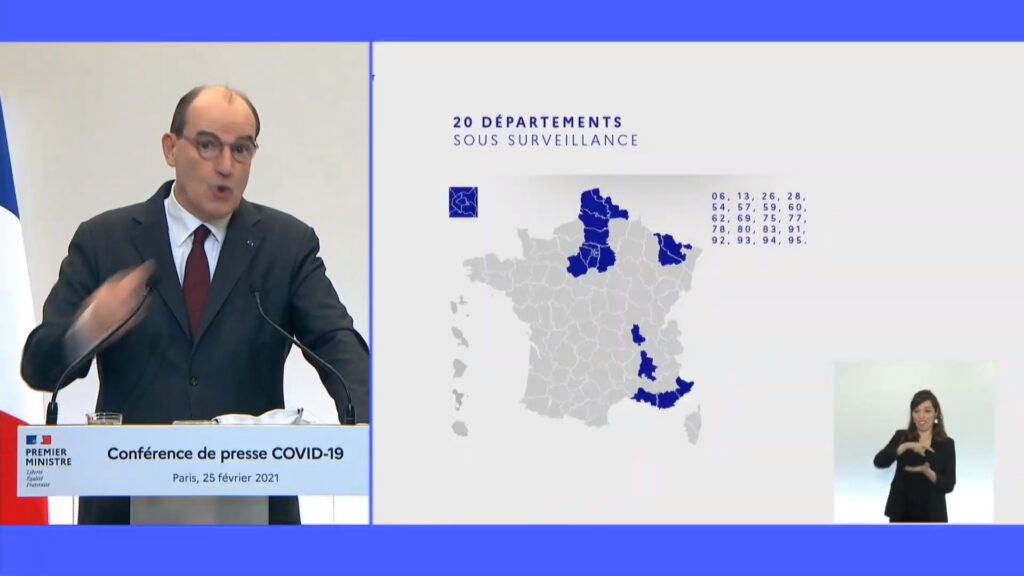 Liste des départements sous surveillance présentée par Jean Castex le 25 février. // Source : Capture d'écran YouTube Gouvernement Liste des départements sous surveillance présentée par Jean Castex le 25 février. // Source : Capture d'écran YouTube Gouvernement