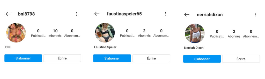 Des exemples de comptes spams sur Instagram // Source : Capture d'écran Numerama / Instagram