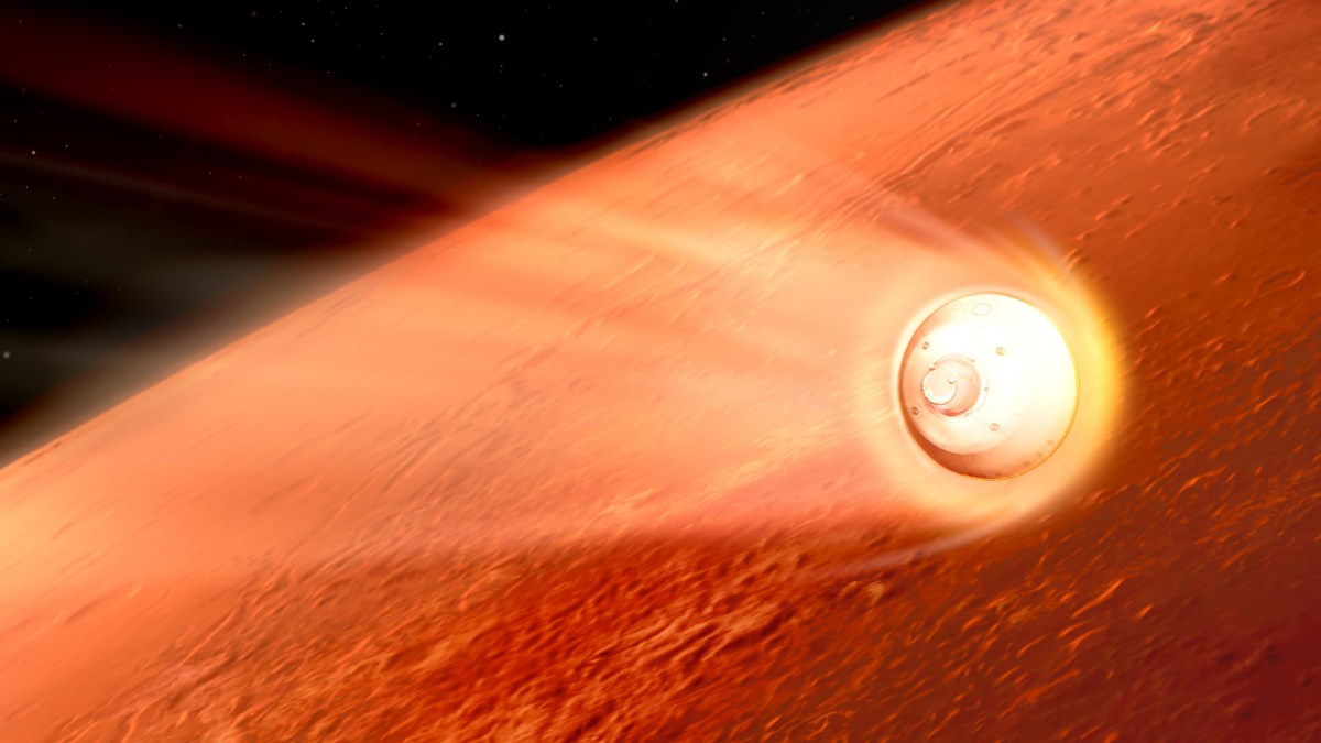 Représentation de l'entrée atmosphérique du rover Perseverance. // Source : xNASA/JPL Caltech, 2020 (photo recadrée) Représentation de l'entrée atmosphérique du rover Perseverance. // Source : xNASA/JPL Caltech, 2020 (photo recadrée)