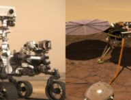 Vues d'artistes de Perseverance et InSight sur Mars. // Source : À gauche : CNES/VR2Planet, 2021 ; À droite : NASA/JPL Caltech, 2018 (montage Numerama)