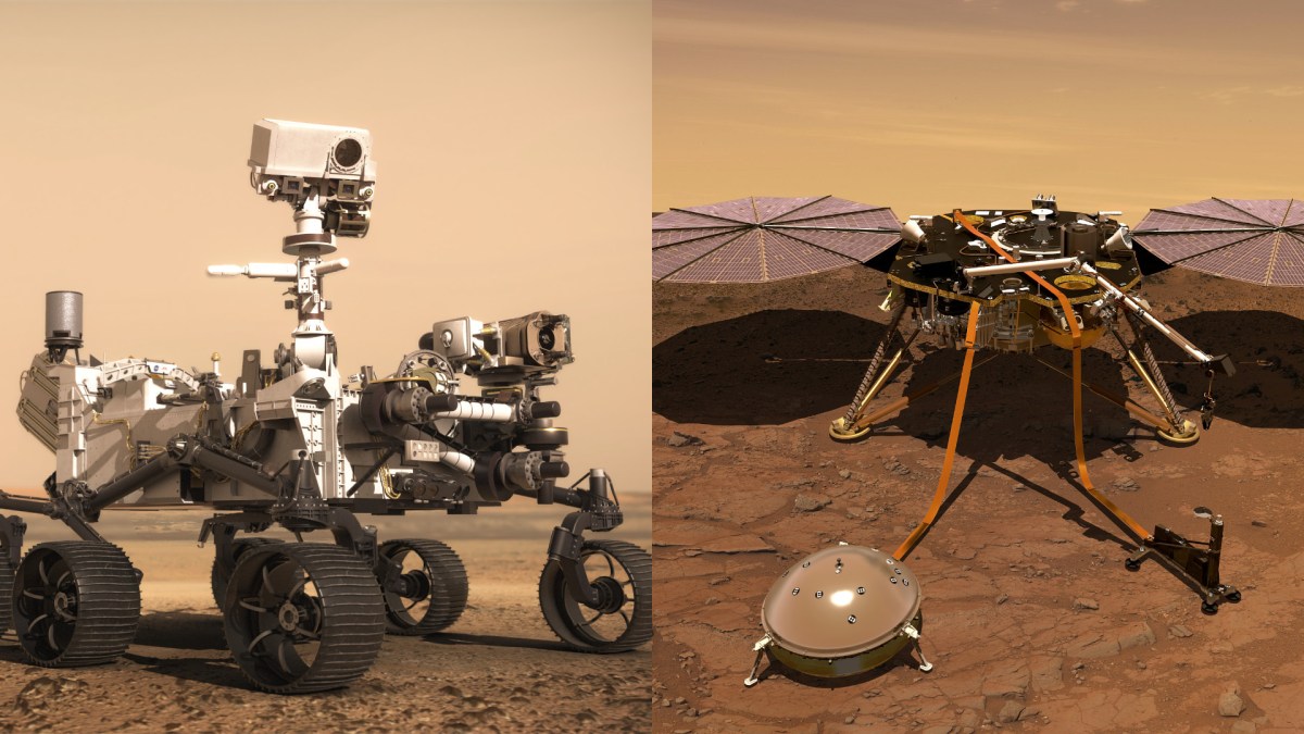 Vues d'artistes de Perseverance et InSight sur Mars. // Source : À gauche : CNES/VR2Planet, 2021 ; À droite : NASA/JPL Caltech, 2018 (montage Numerama) Vues d'artistes de Perseverance et InSight sur Mars. // Source : À gauche : CNES/VR2Planet, 2021 ; À droite : NASA/JPL Caltech, 2018 (montage Numerama)