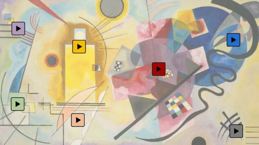 À chaque mouvement du tableau, des sonorités associées recréées par machine learning. // Source : Kandinsky / Centre Pompidou / Google Art & Culture À chaque mouvement du tableau, des sonorités associées recréées par machine learning. // Source : Kandinsky / Centre Pompidou / Google Art & Culture