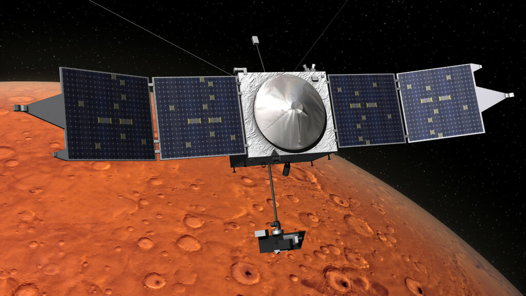 Maven, une sode d'orbite martienne // Source : Flickr/CC/Kevin Gill (image recadrée) Maven, une sode d'orbite martienne // Source : Flickr/CC/Kevin Gill (image recadrée)